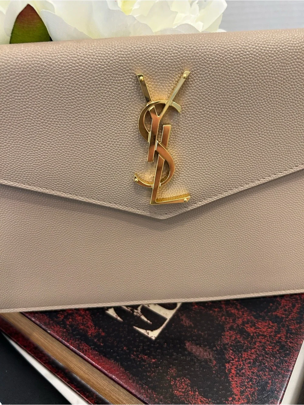 Saint Laurent Taupe Envelope Clutch with Gold YSL Hardware